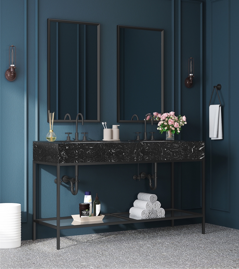 Marmo 60" Engineered Stone Top, Steel And Glass Base Vanity