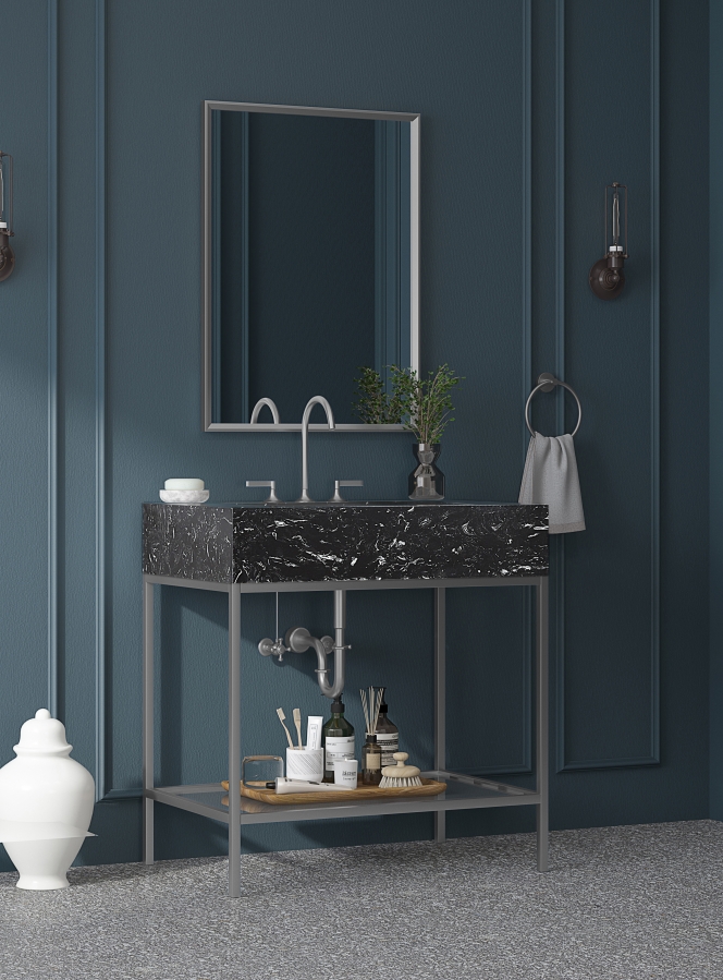 Marmo 30" Engineered Stone Top, Steel And Glass Base Vanity
