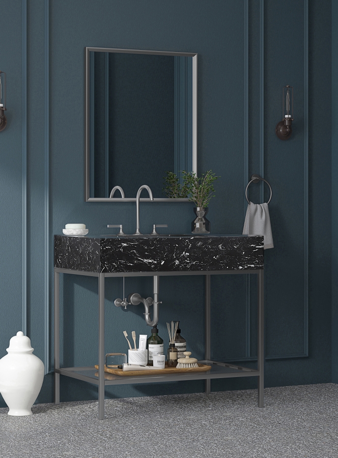 Marmo 36" Engineered Stone Top, Steel And Glass Base Vanity