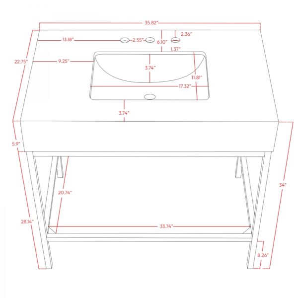 Marmo 36" Engineered Stone Top, Steel And Glass Base Vanity