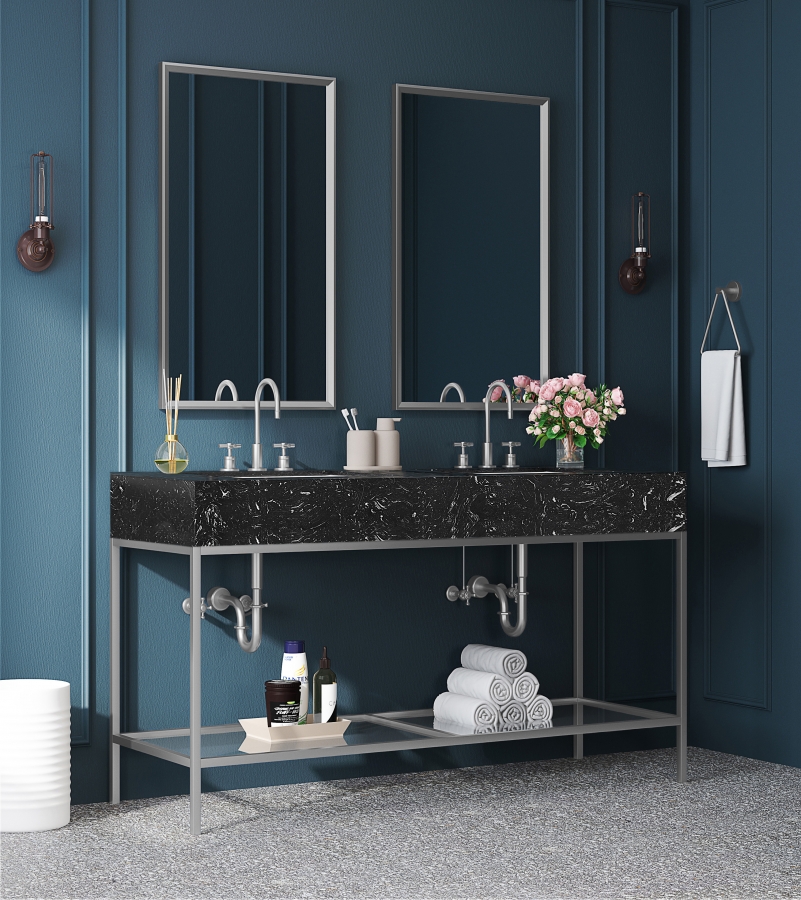 Marmo 60" Engineered Stone Top, Steel And Glass Base Vanity