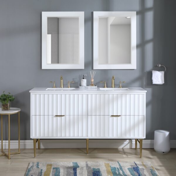 Modernist 60" Engineered Stone Top And Solid Wood Base Bathroom Vanity