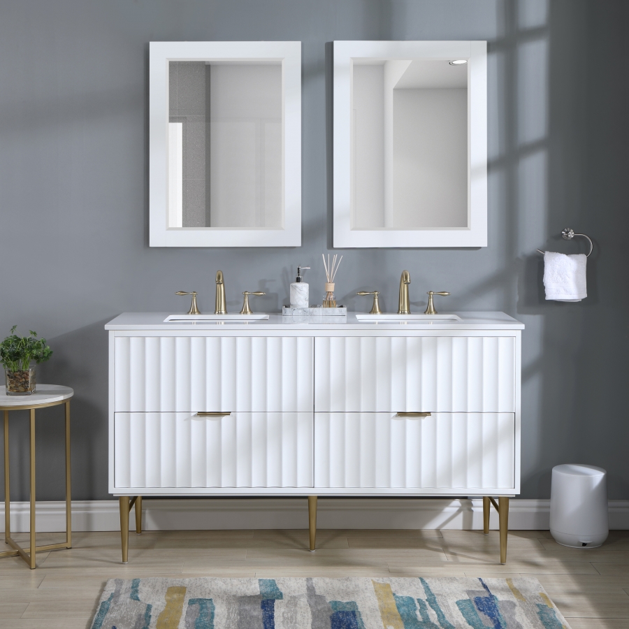Modernist 60" Engineered Stone Top And Solid Wood Base Bathroom Vanity