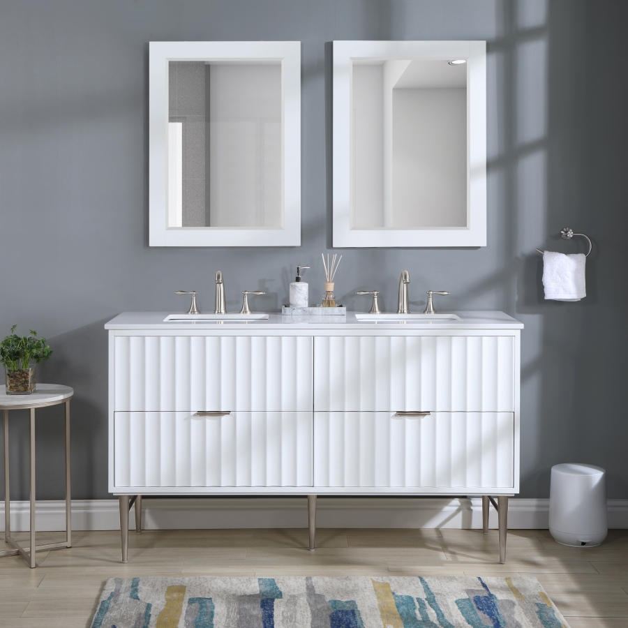 Modernist 60" Engineered Stone Top And Solid Wood Base Bathroom Vanity