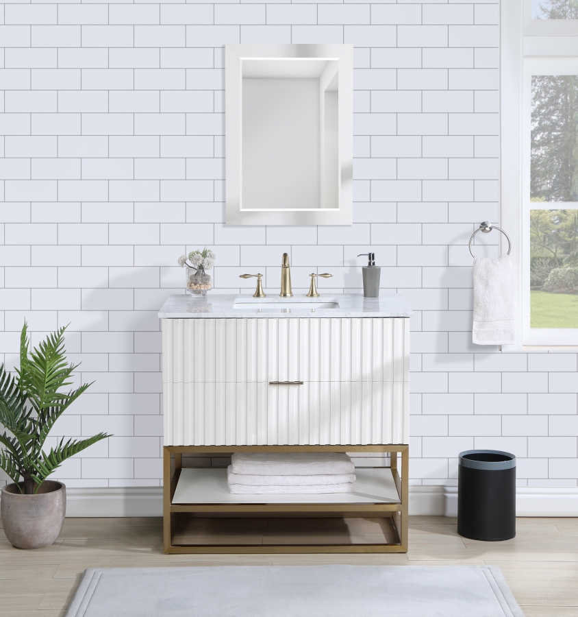 Monad 36" Genuine Marble Top, Steel And Glass Base Vanity