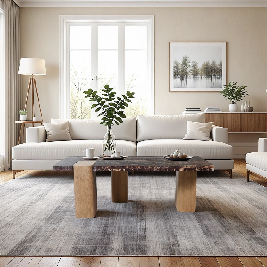 Ravenna Genuine Marble Top And Oak Wood Base Coffee Table