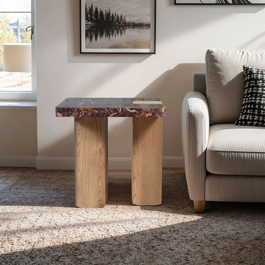 Ravenna Genuine Marble Top And Oak Wood Base End / Side Table