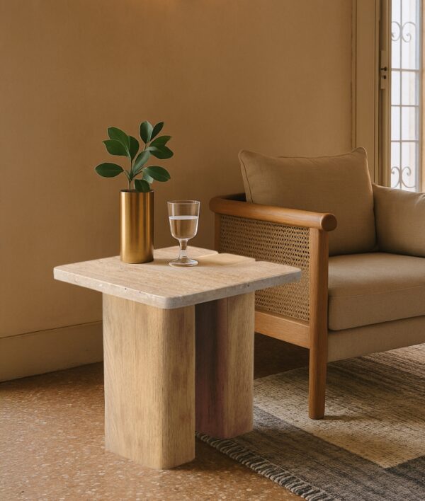 Ravenna Genuine Travertine and Oak End / Side Table