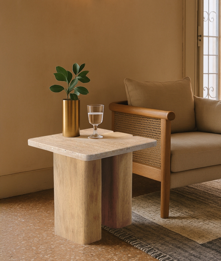 Ravenna Genuine Travertine and Oak End / Side Table