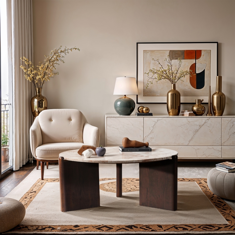 Varenna Marble Top And Acacia Wood Base Coffee Table