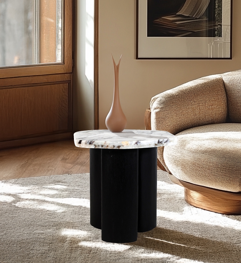 Puglia Marble Top And Oak Wood Base End Table