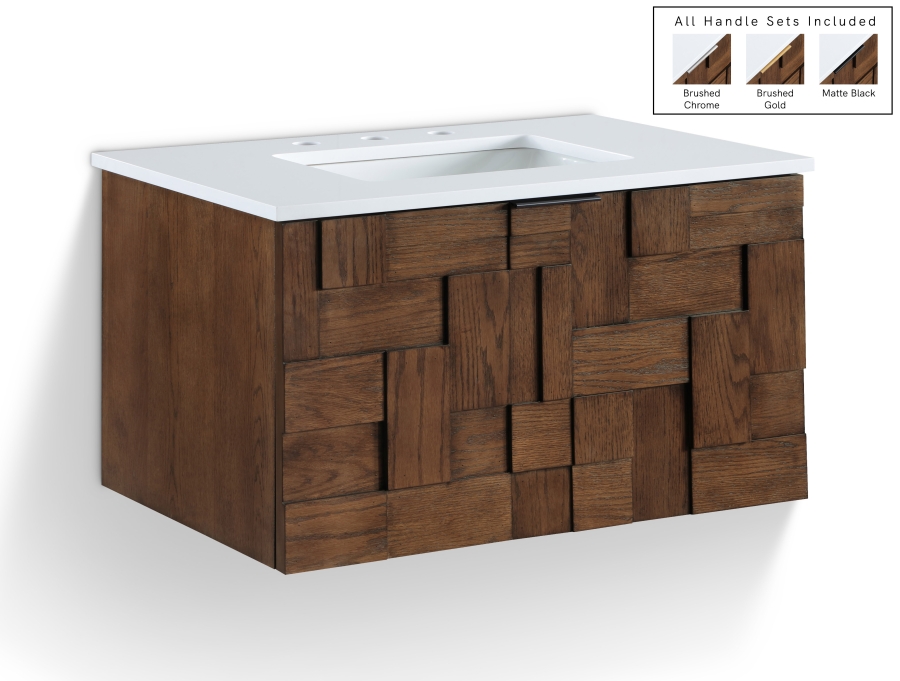 Leonardo 30" White Engineered Stone And Solid Wood Wall Mounted Bathroom Vanity