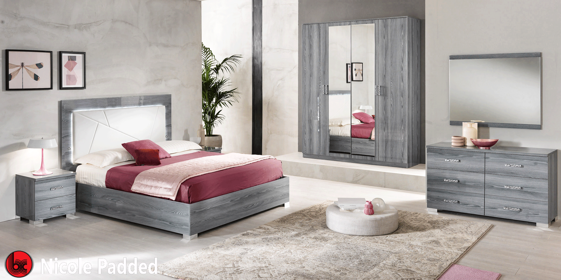 Nicole KS Bedroom w/ Upholstered HB in Grey w/ Light Gallery 1