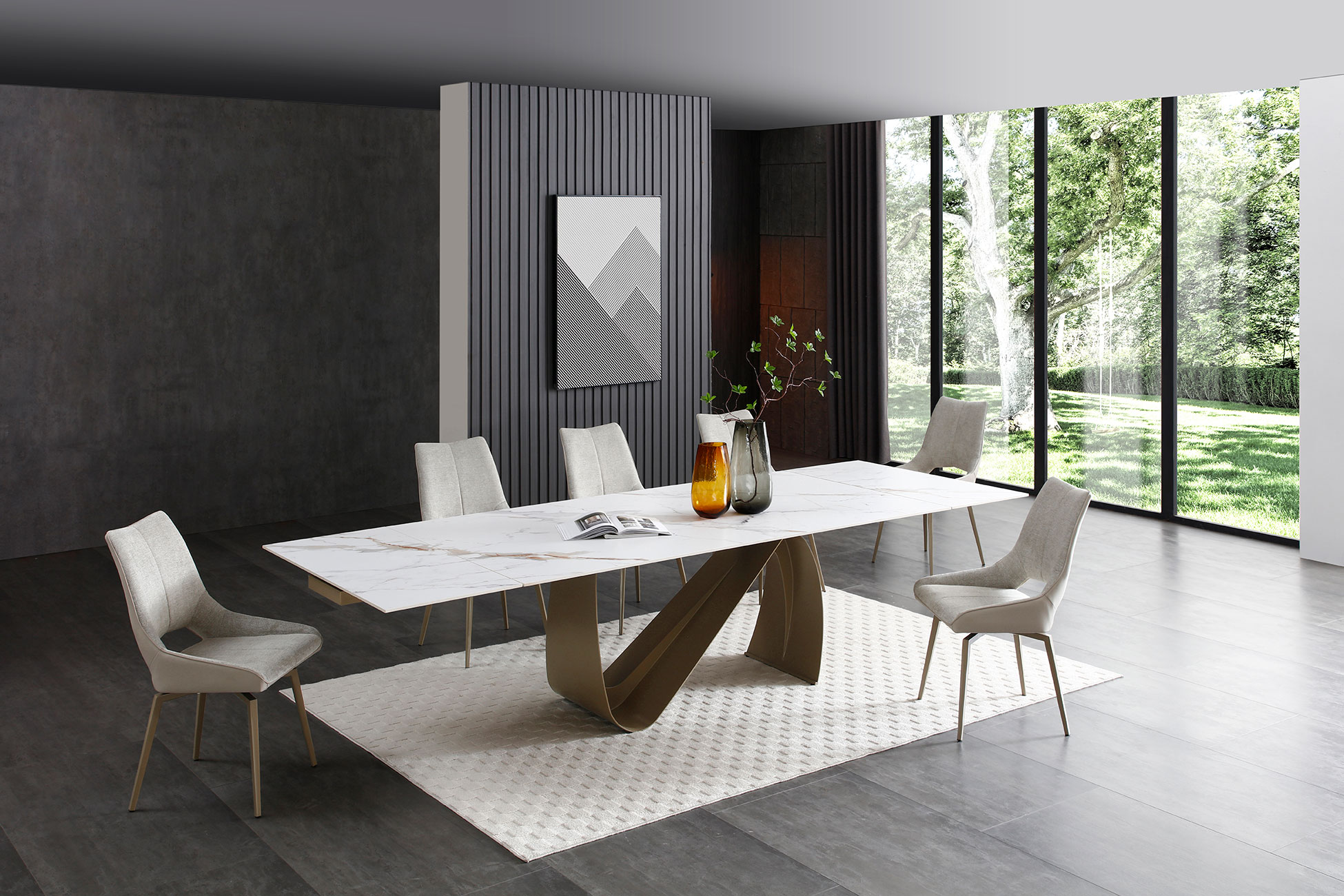 9087 Champagne-Bronze Table with 1239 swivel Beige Champagne chairs