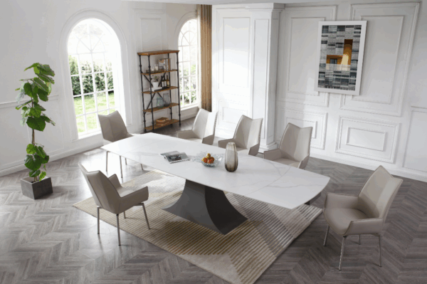 9437 Dining Table with 1218 swivel grey Taupe chairs