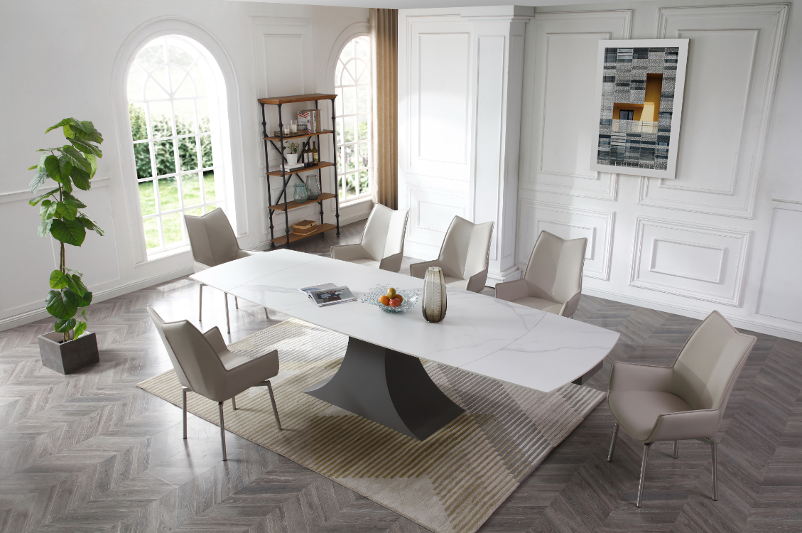 9437 Dining Table with 1218 swivel grey Taupe chairs